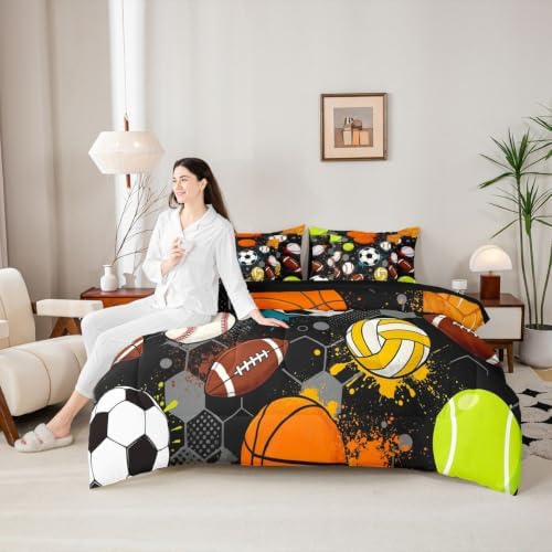 Feelyou Soccer Baseball Football Comforter Set Queen Size 7 Pieces Ball Game Bedding Set for Kids Boys Girls Honeycomb Bed in a Bag with Comforter, Sheets, Pillowcases, Cushion Covers Lightweight
