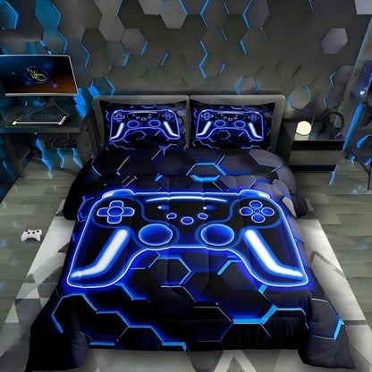 Erosebridal Gaming Comforter Set Neon Honeycomb Gamer King Bedding Set, Retro Game Console Comforter Blue Hexagon Lights Duvet Insert,Gamer Room Decor for Boys