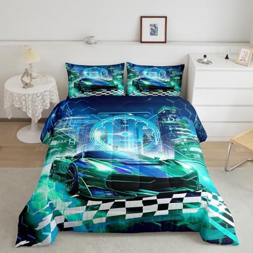 Feelyou Boys Teal Race Car Twin Size Bedding Set Kids Racing Car Decor Comforter Extreme Sports Car Comforter Set for Teens Honeycomb Grid Car Comforter Quilt Set Car Room Decorations