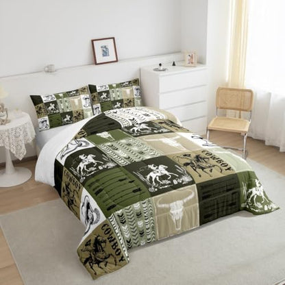 Manfei Cowboy Comforter Set Queen Size, Bull Skull Horse Arrow Quilt Set with 2 Pillowcases, Army Green Lattice Patchwork Bedding Set 3pcs for Kids Boys Bedroom Decor Western Duvet Insert
