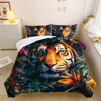 3Pcs Tiger Comforter Set Full Size Plants Colorful Flowers Print Bedding Set,3D Wild Animals Comforter Set for Kids Boys Girls Room Decor,Wildlife Theme Bedding Set