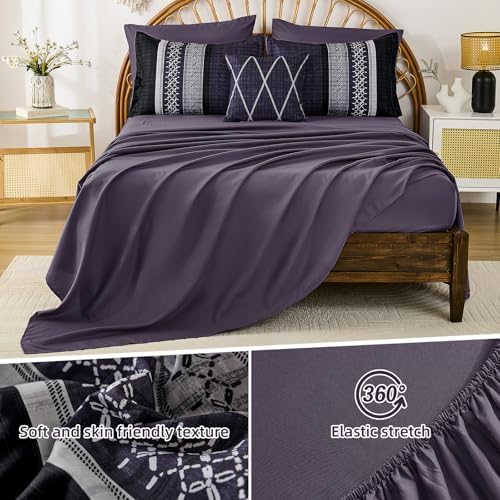Dintszyayue Purple Comforter Set Queen Size, 8 Pieces Boho Striped Bed in a Bag Soft Microfiber Bedding Set for All Season
