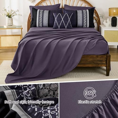 Dintszyayue Purple Comforter Set Queen Size, 8 Pieces Boho Striped Bed in a Bag Soft Microfiber Bedding Set for All Season