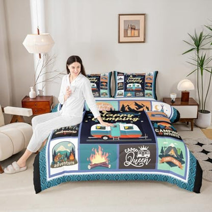 Manfei Camper Happy Camping Comforter Set King,Geometric Plaid Patchwork Bedding Set 3pcs for Kids Teens RV Traveler Room Decor,Adventure Quilt Set,Rustic Duvet Insert with 2 Pillowcases