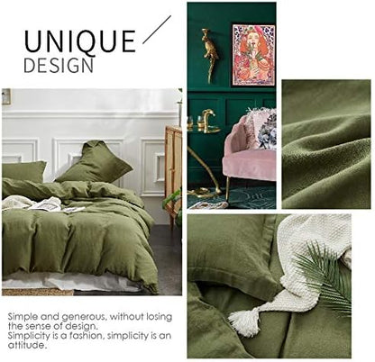 Simple&Opulence 100% Linen Duvet Cover Set 3pcs Basic Style Natural French Washed Flax Solid Color Soft Breathable Farmhouse Bedding with Button Closure - Olive Green, King
