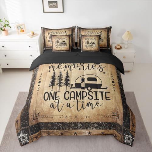 Erosebridal Camper Comforter Set 7 Pieces Bed in A Bag Full Size, Happy Camping Comforter Rv Decorations for Inside, Vintage Rustic Farmhouse Sheet Set, Sun Moon Starry Sky Bedding Sets, Reversible