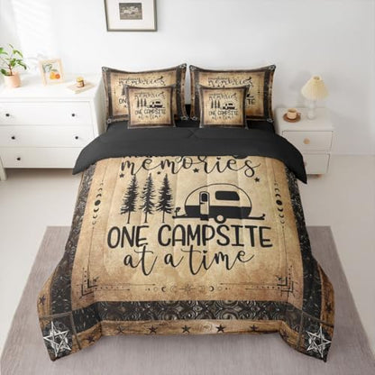Erosebridal Camper Comforter Set 7 Pieces Bed in A Bag Twin Size, Happy Camping Comforter Rv Decorations for Inside, Vintage Rustic Farmhouse Sheet Set, Sun Moon Starry Sky Bedding Sets, Reversible