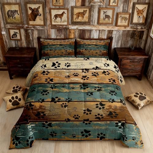 Manfei Dog Paw Comforter Set Full Size, Cartoon Animals Claw Print Bedding Set 3pcs, Rustic Farmhouse Down Comforter for Kids Boys Girls Room Decor, Brown Teal Wooden Plank Bed Set for All Season