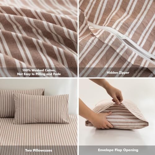 FOSSA Striped Duvet Cover Set 100% Washed Cotton Linen Feel King