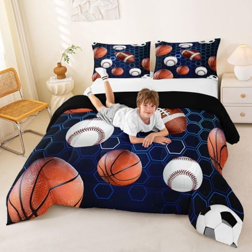 Erosebridal Boys Soccer Bedding King Size, Basketball Football Comforter Set for Kids Girls Teenage Men, Rugby Baseball Quilt Blue Hexagon Honeycomb Bedding Comforter Sets Football Gifts for Boys