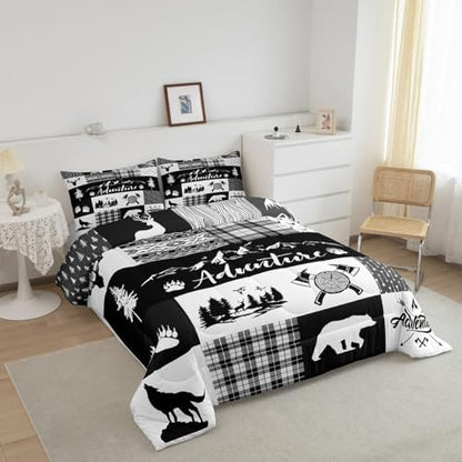 Castle Fairy Rustic Farmhouse Comforter Set Twin Size,Deer Bear Wolf Wild Animals Hunting Bedding Set for Kids Boys Men,Adventure Plaid Black Check Tribal Quilted Duvet Set with 1 Pillowcase