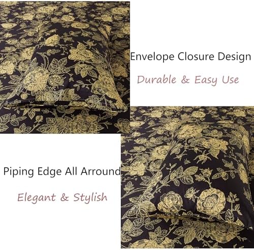 FADFAY Rose Sheets Set King Vintage Black Gold Floral Bedding Shabby Peony Botanical Sheets Luxury Farmhouse Bedding 800 Thread Count 100% Egyptian Cotton Deep Pocket Fitted Sheet 4Pcs, King Size