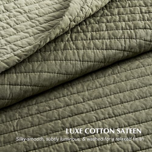 EVERGRACEHOME Cotton Sateen Quilt Set, Oversized Cal King, Olive Green
