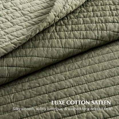 EVERGRACEHOME Cotton Sateen Quilt Set, Oversized Cal King, Olive Green