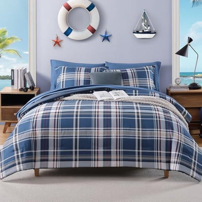Plaid Queen Size Comforter Set Medium Blue 7 Pieces Farmhouse Bed in a Bag