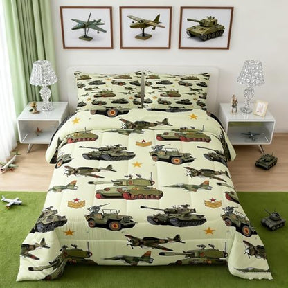Manfei Aircraft Tank Comforter Set Twin Size, Green Camo Helicopter Airplane Bedding Set 2pcs for Kids Boys Teens Room Decor, Military Army Equipment Down Comforter with 1 Pillowcase, No Sheets