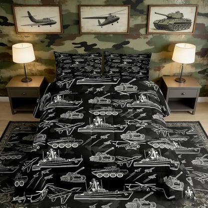 Manfei War Theme Comforter Set Full Size, Aircraft Tank Ship Down Comforter with 2 Pillowcases, Black Army Camouflage Bedding Set 3pcs for Kids Boys Teen Bedroom Decor Lightweight Duvet Insert