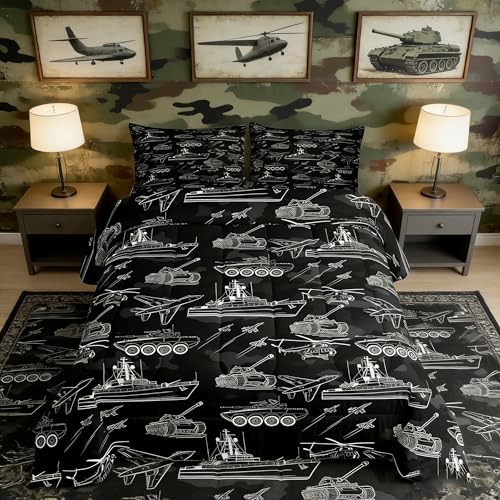 Manfei War Theme Comforter Set Twin Size, Aircraft Tank Ship Down Comforter with 1 Pillowcase, Black Army Camouflage Bedding Set 2pcs for Kids Boys Teen Bedroom Decor Lightweight Duvet Insert