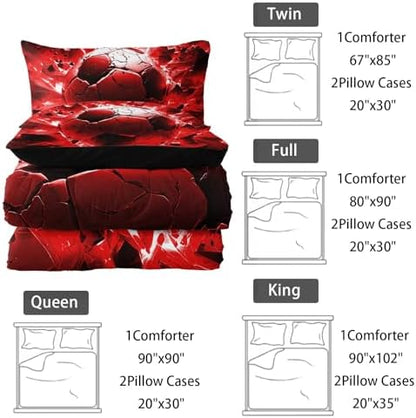 Nttopship Soccer Bedding Comforter Set Full Size for Kids Teens and Adults, Red and Black Football Printed Bedding Sets 3 PCS,Ball Sports Themed Bedroom Decor with 1 Comforter and 2 Pillowcases