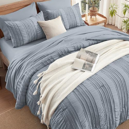 DHSFKBE Blue Tufted Comforter Set Queen Size 7 Piece Bed in a Bag，Shabby Chic Boho Bedding for Bedroom Comforter，All Season Soft Microfiber Ruffle Comforter Set with Pillow and Sheets
