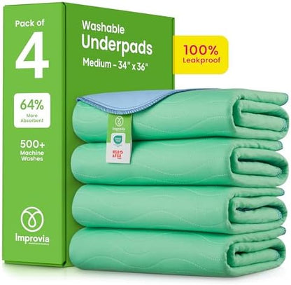 IMPROVIA® Washable Underpads, Heavy Absorbency Reusable Incontinence Pads for Kids, Adults, Elderly, and Pets, Waterproof Protection Floor - Green & Blue, 34"x36" (Pack of 4).