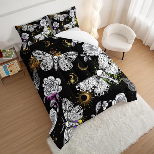 HOSIMA Death Moth Skull Heads King Size Comforter Set Horror Theme Halloween Bedding,Goth Bedding Set Floral Butterfly Bed Set Room Decor for Teen Girls Boys Black King Bed Comforter Set.