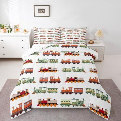 Feelyou Retro Train Comforter Set Queen Size Vintage Steam Locomotive Down Bedding Set for Kids Boys Girls Transportation Vehicles Duvet Quilt Bedroom Decor Microfiber 3 Pcs with 2 Pillow Cases