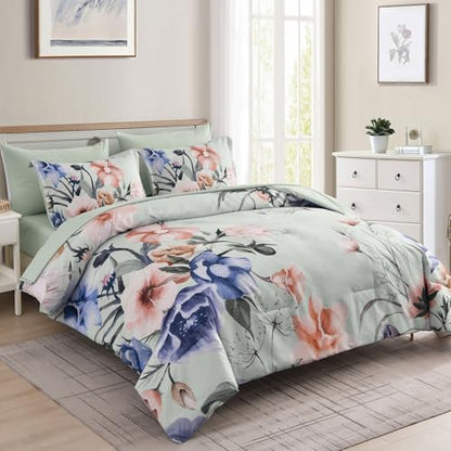 Luxudecor Floral Comforter Set Queen Size 7 Piece, Green Flower Bed in a Bag, Elegant Floral Comforter with Sheet Set, Soft Microfiber Bedding Set for All Season (Green, 90"x90")