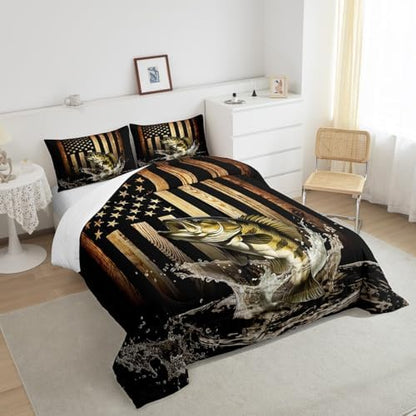 Vintage American Flag Comforter Set Full Size,Bass Fish Bedding Set for Kids Teens Men Adult Room Decor,Fishing and Hunting Quilt Set Black Brown Rustic Farmhouse Wood Striped Duvet Insert 3Pcs