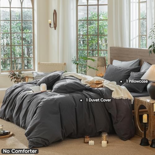 MooMee Wavy Striped Duvet Cover Set 100% Washed Cotton Linen Like Textured Breathable Durable Soft Comfy (Charocal Grey, Twin 68"x90")