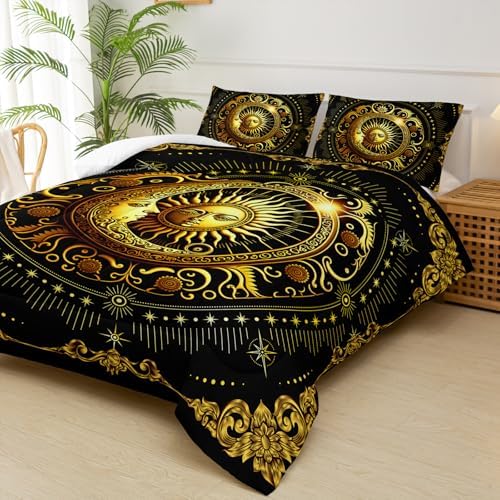Black and Gold Twin Size Sun and Moon Comforter Set，Quilts Twin Size Bedding Sets Sun Moon，with 1 Comforter with 2 Pillow Case