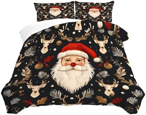 Black Christmas Bedding Set Santa Claus Comforter Full/Queen Size for Kids Girls Women Xmas Reindeer Holiday Bedroom Quilt Bed Sets, 1 Comforter 2 Pillowcases