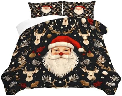 Black Christmas Bedding Set Santa Claus Comforter Full/Queen Size for Kids Girls Women Xmas Reindeer Holiday Bedroom Quilt Bed Sets, 1 Comforter 2 Pillowcases