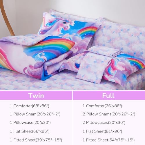 Viviland Kids Bedding Set Twin Size Comforter Sets, Bed in Rainbow Unicorn Cover Set for Children