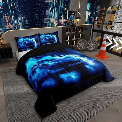 Boys Sports Car Comforter,Cool Blue Race Car Bedding Set Twin Size for Kids Boys Girls Teens,3D Foggy Racing Cars Bedding Comforter Sets,Extreme Sports Theme Quilt Racing Games Race Cars Room Decor