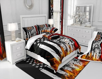 Homewish Vintage American Flag Comforter Set King Size,Firefighter Silhouette Bedding Set for Kids Boys Men Teens,3D Flaming Red Black White Stars Striped Quilt Set Fire Equipment Duvet Insert 3Pcs