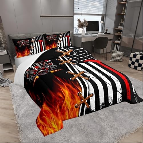 Castle Fairy Fireman Comforter for Boys Kids,Retro American Flag Comforter Set Queen Size Home Decor,Soft Red and Black Bedding Set,Flame Teens Bedroom Down Duvet,1 Comforter with 2 Pillowcases