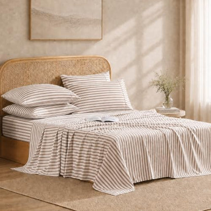 ROSE&RISY Linen Grey Stripe Queen Sheet Set, 4 Pcs Soft Bedding Sheet Set, Breathable and Cooling, Includes 1 Fitted Sheet, 1 Flat Sheet, 2 Pillowcases - Deep Pocket (Linen Grey Stripe, Queen Size)