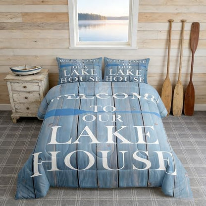 Lake House Comforter Set Toddler Size, Cabin Rustic Farmhouse Style Bedding Set 2pcs, Blue Wooden Plank Lake Themed Down Comforter for All Season, Kids Boys Girls Room Decor, 1 Pillowcase, No Sheets
