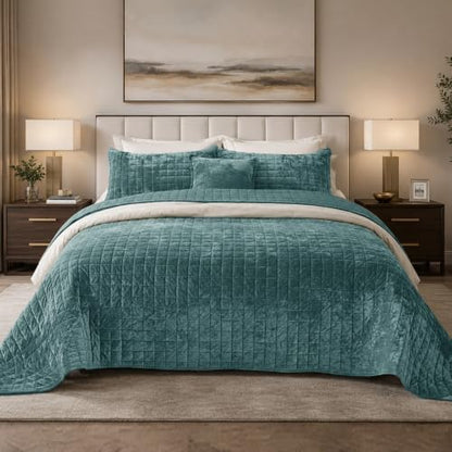 Quilt Set Oversized King Size 120x128 Luxurious Velvet Bedding Sets with 2 Pillow Shams 20x36 3 Pieces Ultra Soft Quilted Bedspread Coverlet Comforter for All Season,Aqua Green
