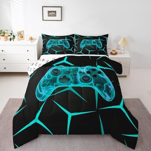 Castle Fairy Geometric Honeycomb Bed Comforter Set Queen Size,Boys Game Super Soft Microfiber Bedding Set for Girls Boys,Video Games Decorative Quilter Set