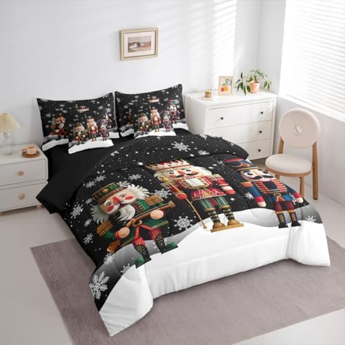 Erosebridal Xmas Nutcracker 7 Piece Bedding Set King Soldier Comforter Set with Sheets Christmas Black White Bed in a Bag Cute Snowflakes Bed Sets Comforter
