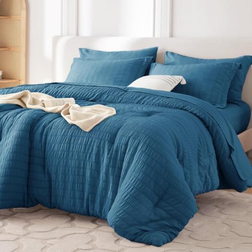 MUXHOMO 5 Pieces Twin XL Comforter Set, Seersucker Bed in a Bag Twin XL Size, All Season Luxury Bedding Set with Comforter, Flat Sheet, Fitted Sheet, Pillowcase & Sham, Teal
