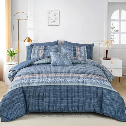 Dintszyayue Blue Comforter Set King Size, 8 Pieces Boho Striped Bed in a Bag Soft Microfiber Bedding Set for All Season