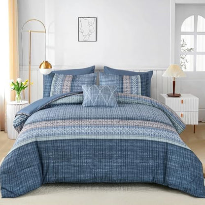 Dintszyayue Blue Comforter Set King Size, 8 Pieces Boho Striped Bed in a Bag Soft Microfiber Bedding Set for All Season