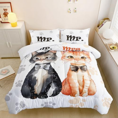 Nttopship Lovers Cat Comforter Bedding Set with 2 Pillowcase Twin Size Cartoon Cat Comforter Set for Kids Boys Girls Bedroom Decor