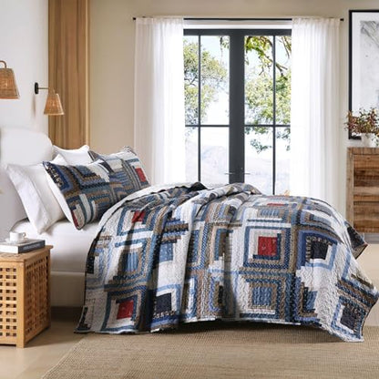 HIARUO Quilt Set King Size, 3 Pieces Bedspread Coverlet Plaid Patchwork Quilt Farmhouse King Size Comforter Set Lightweight Bedding with 2 Pillow Covers Shams for All Season Red Blue