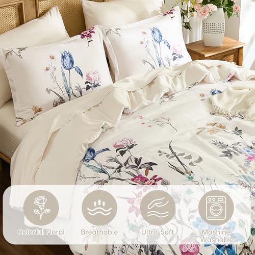 WONGS BEDDING Floral Comforter Set Queen 7 Piece Beige Bedding
