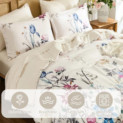 WONGS BEDDING Floral Comforter Set Queen 7 Piece Beige Bedding