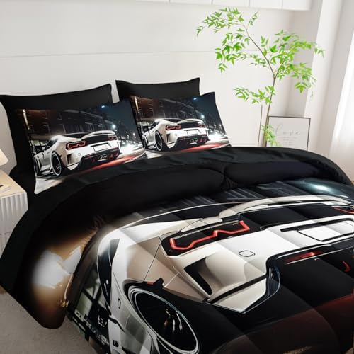 Nttopship Sports Car Comforter Set Full Size 7PCS, White Racing Car Bedding Set 7 Piece in A Bag, Bed Sheet Set White Racing Car Decor, Microfiber Lightweight All Season